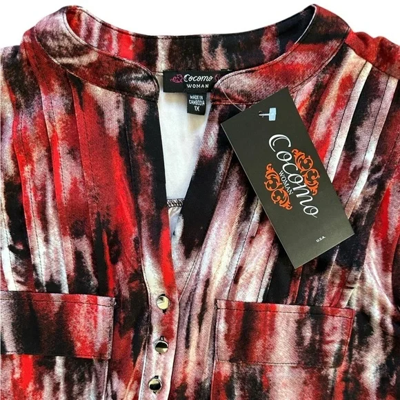 COCOMO 1X Red Black Plus Size  3/4 sleeve women's Pintuck … - Picture 9 of 12